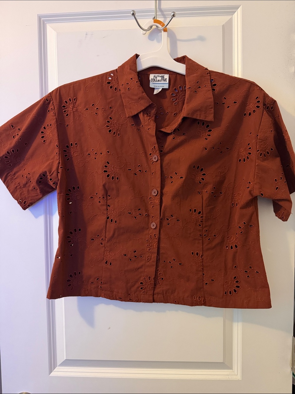 Eyelet Button-Front Short Sleeve Shirt in Rust by Future Collective